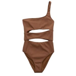 AERIE Crinkle One Shoulder One Piece Cut-ouf Swimsuit sz Small Dark Brown 🤎 NWT